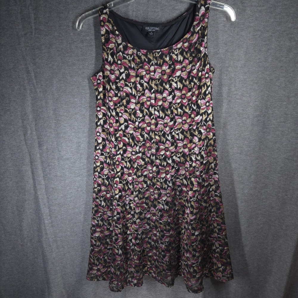 Perceptions New York Y2K Floral Fit‎ & Flare Dress Womens Small Sleeveless Black